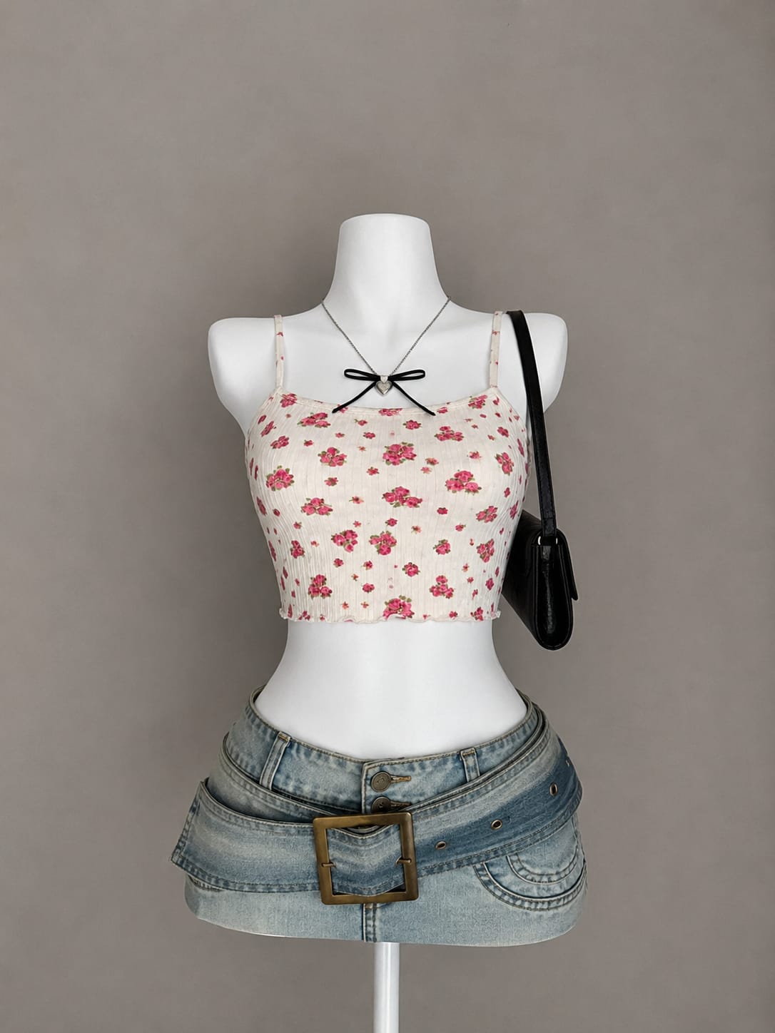 Cream Red Ditsy Rose Floral Print Smocked Shirred Square Neck Self-Tie Bow Shoulder Strap Sleeveless Fitted Ultra Crop Cami Top