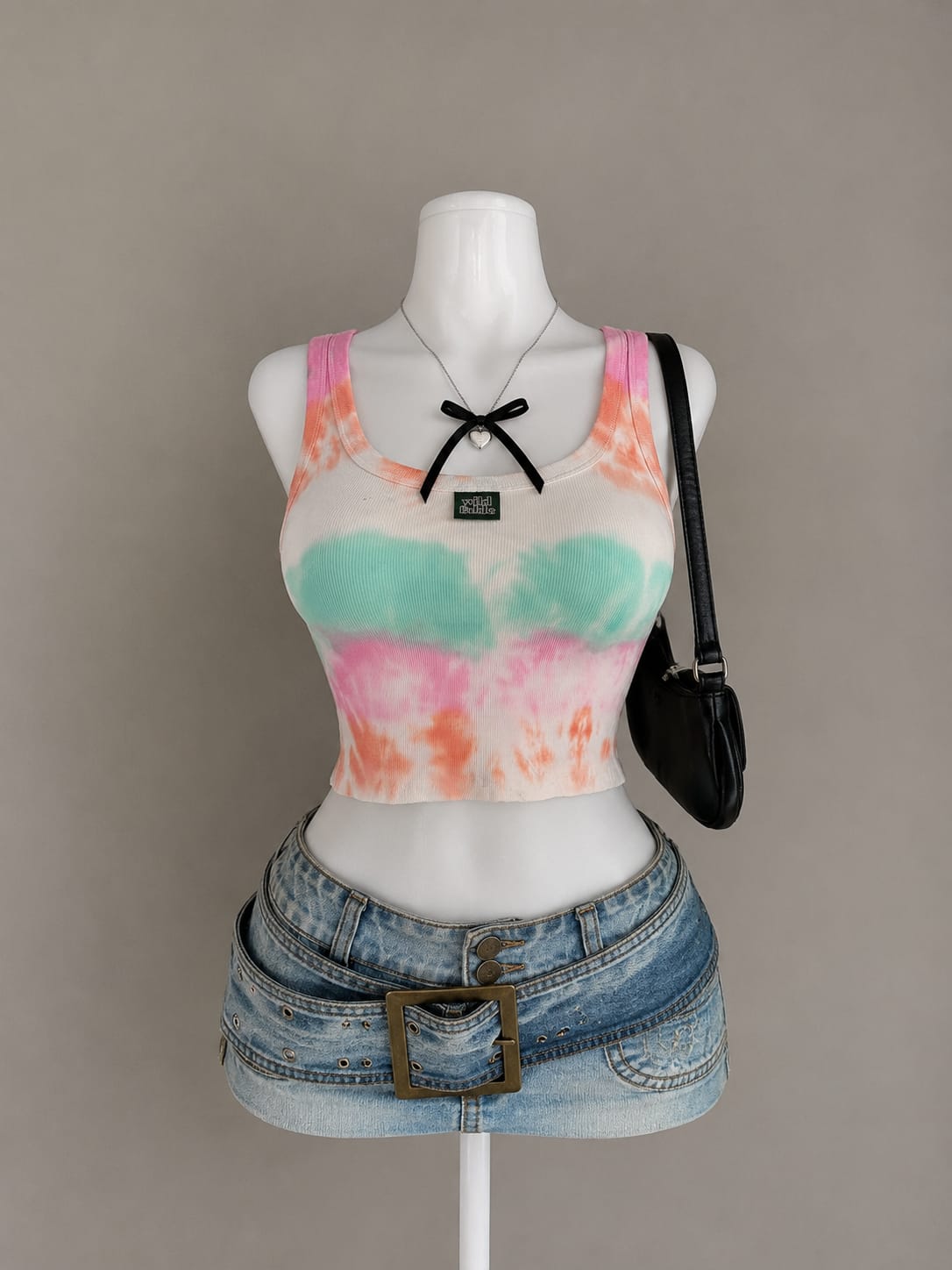 Multicolour Tie-Dye Pink Orange Mint Green Ribbed Scoop Neck Wide Strap Sleeveless Fitted Crop Tank Top