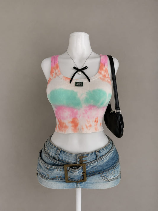 Multicolour Tie-Dye Pink Orange Mint Green Ribbed Scoop Neck Wide Strap Sleeveless Fitted Crop Tank Top