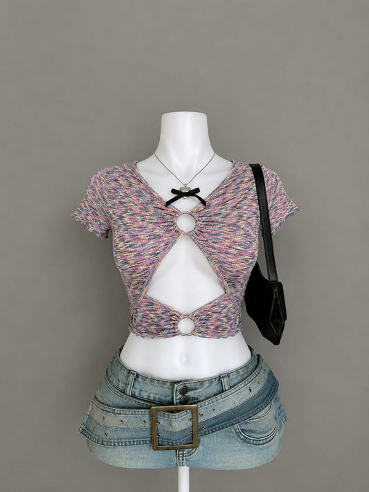 Multicolour Space Dye Marl Knit V-Neck Double Silver O-Ring Cutout Black Velvet Bow Short Sleeve Fitted Ultra Crop Top