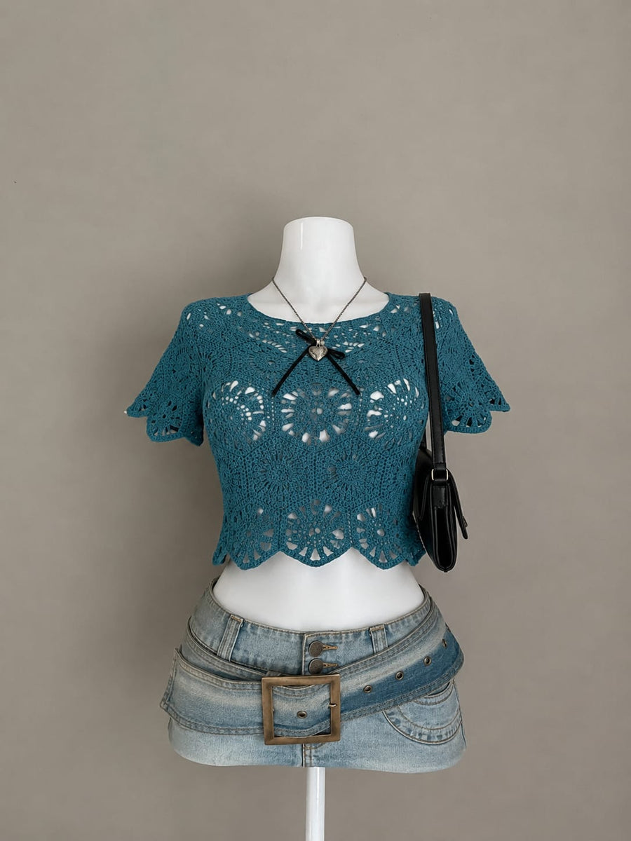Teal Blue Open Weave Crochet Floral Medallion Round Neck Scallop Hem Short Flutter Sleeve Fitted Crop Top