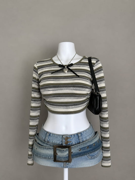 Olive Khaki Cream Black Multi-Stripe Ribbed Crinkle Round Neck Black Velvet Bow Long Sleeve Fitted Ultra Crop Top