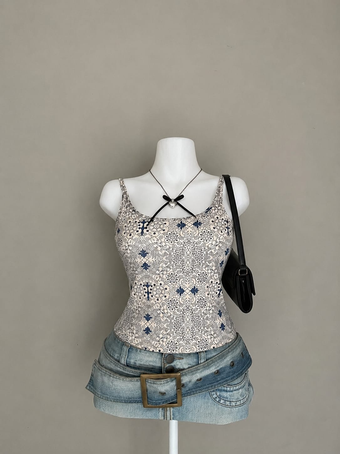 Cream Navy Blue Intricate Paisley Medallion Baroque Print Mesh Spaghetti Strap Scoop Neck Sleeveless Fitted Cami Top