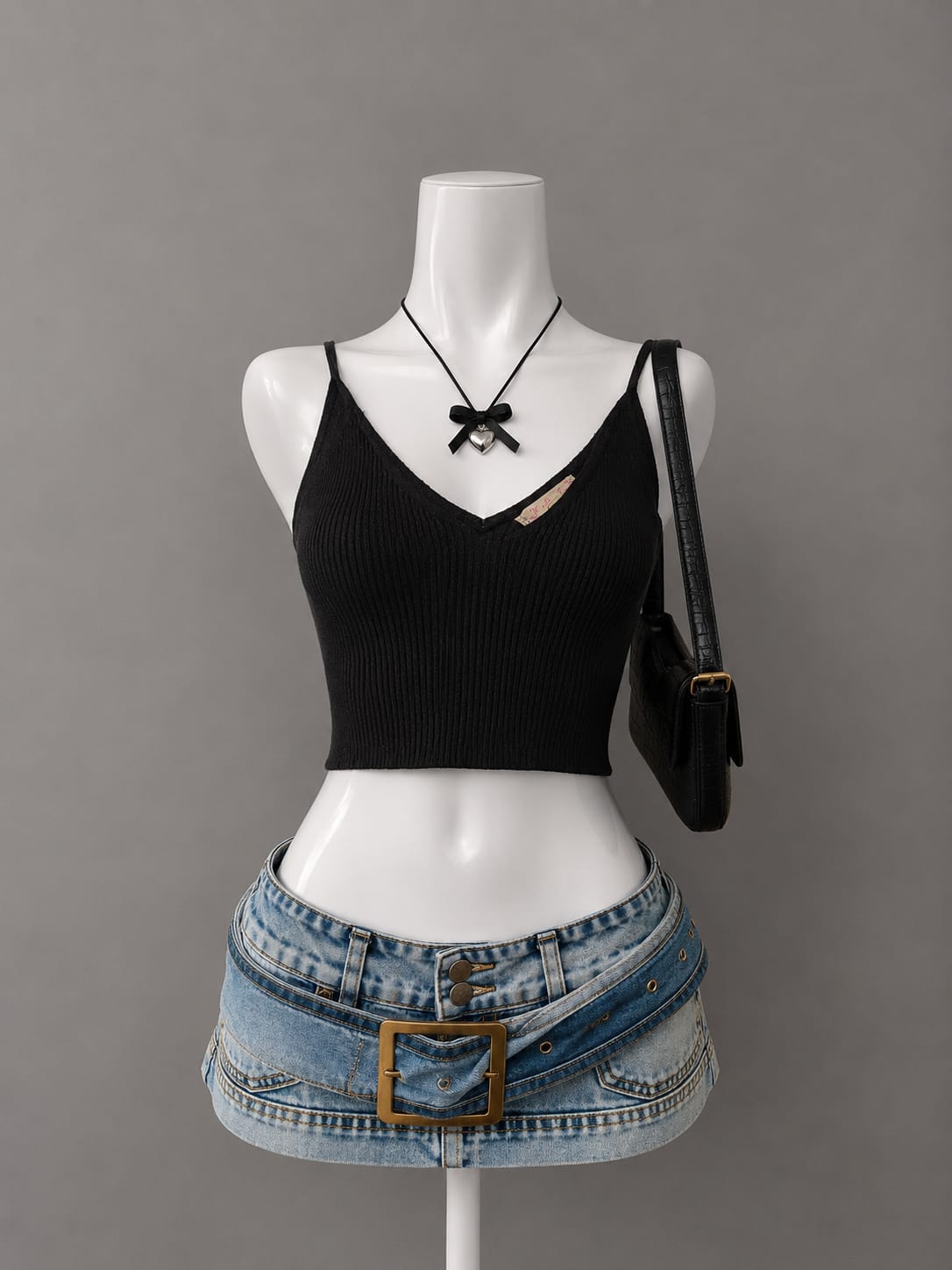 Black ribbed V-neck cami crop top with gold trim detail styled on mannequin