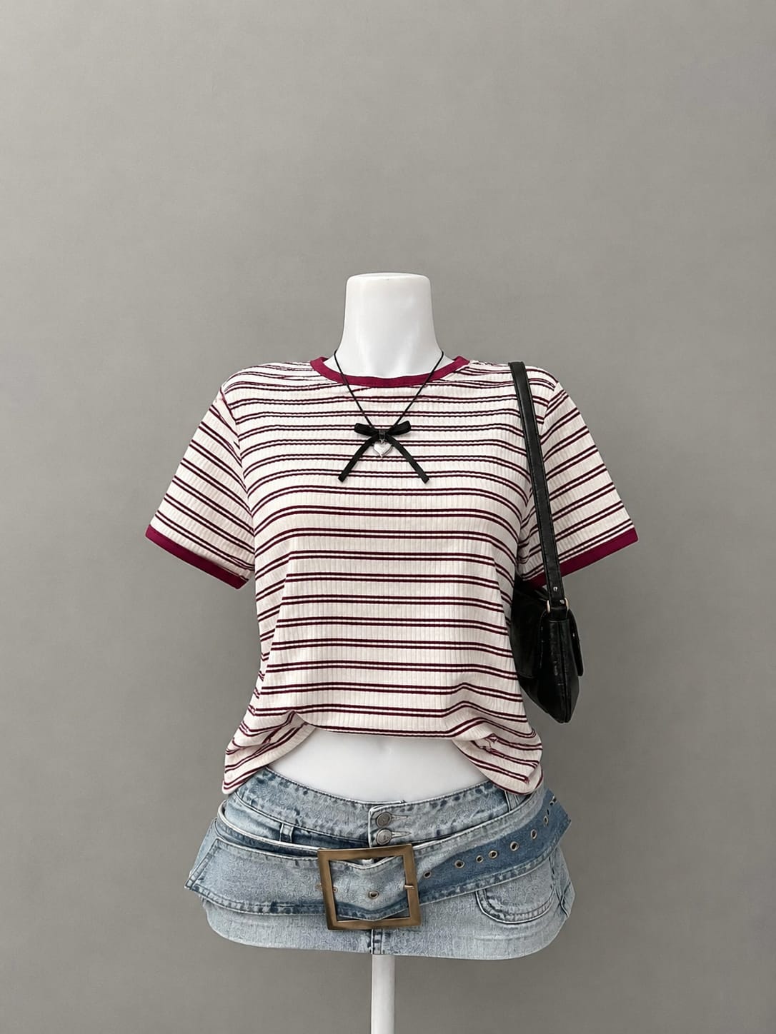 Cream and burgundy striped ribbed crop top with contrast trim styled on mannequin