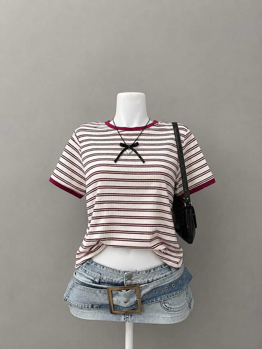 Cream & Burgundy Striped Ribbed Crop Top with Contrast Trim