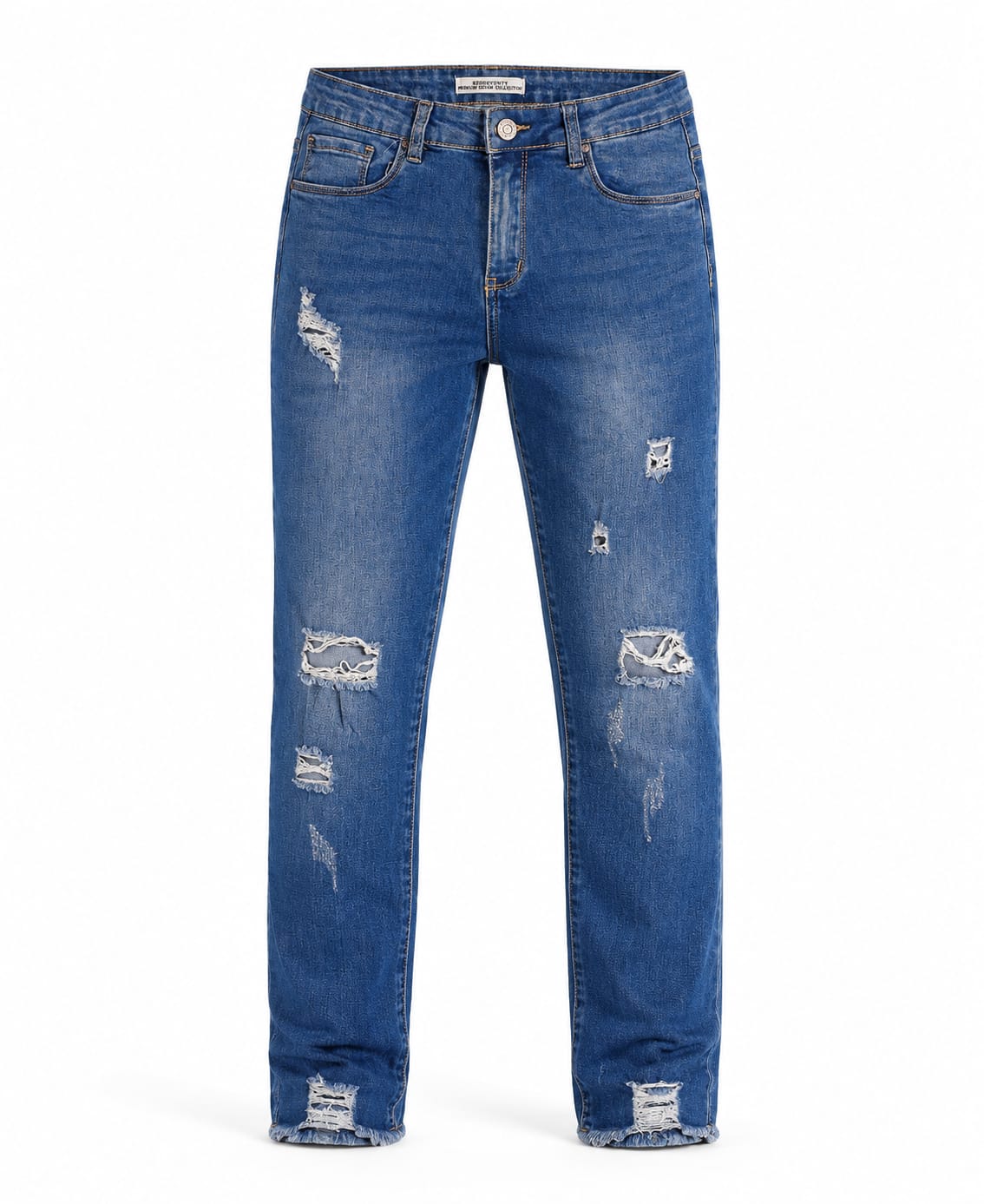 Mid Blue Heavily Distressed Slim-Fit Jeans