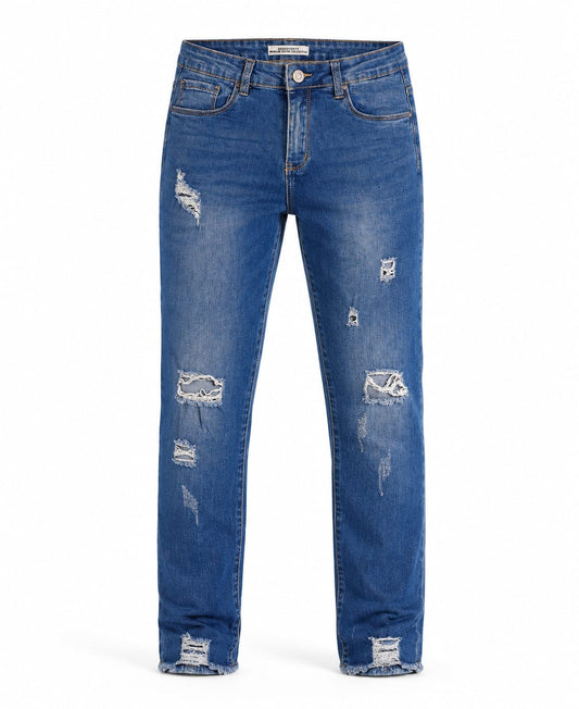 Mid Blue Heavily Distressed Slim-Fit Jeans