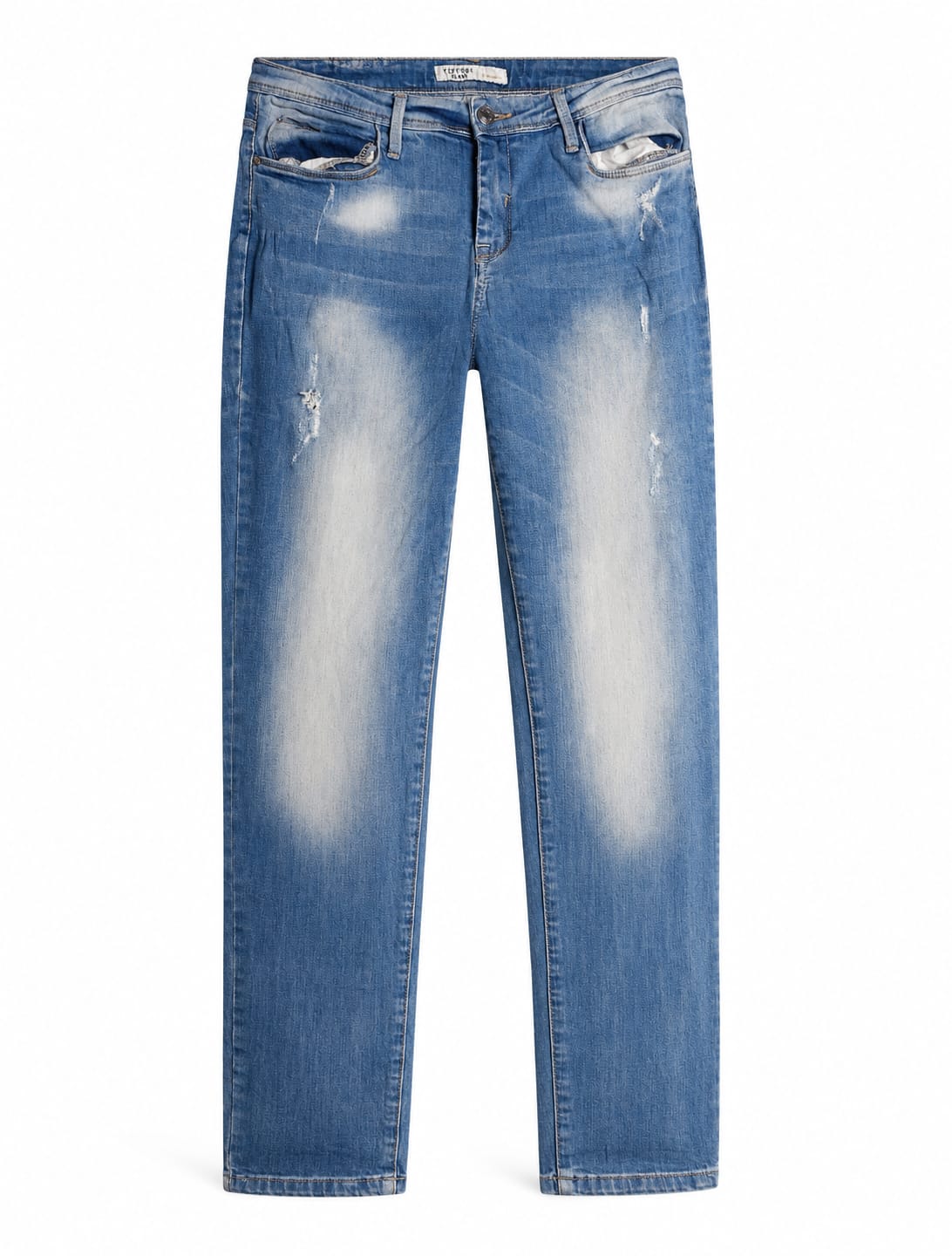 Mid Blue Distressed Slim-Fit Jeans with Bleach Highlights