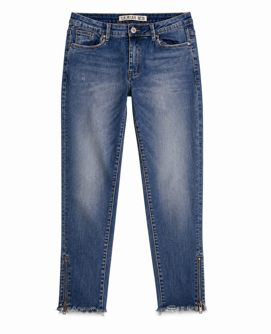 Mid Blue Skinny Cropped Jeans with Zip Ankle Detail