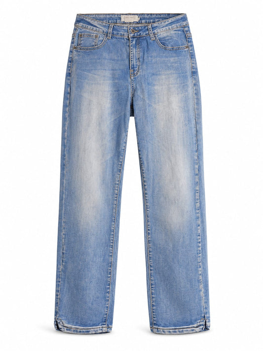 Light Blue Wide-Leg Straight Jeans with Side Slit Hem