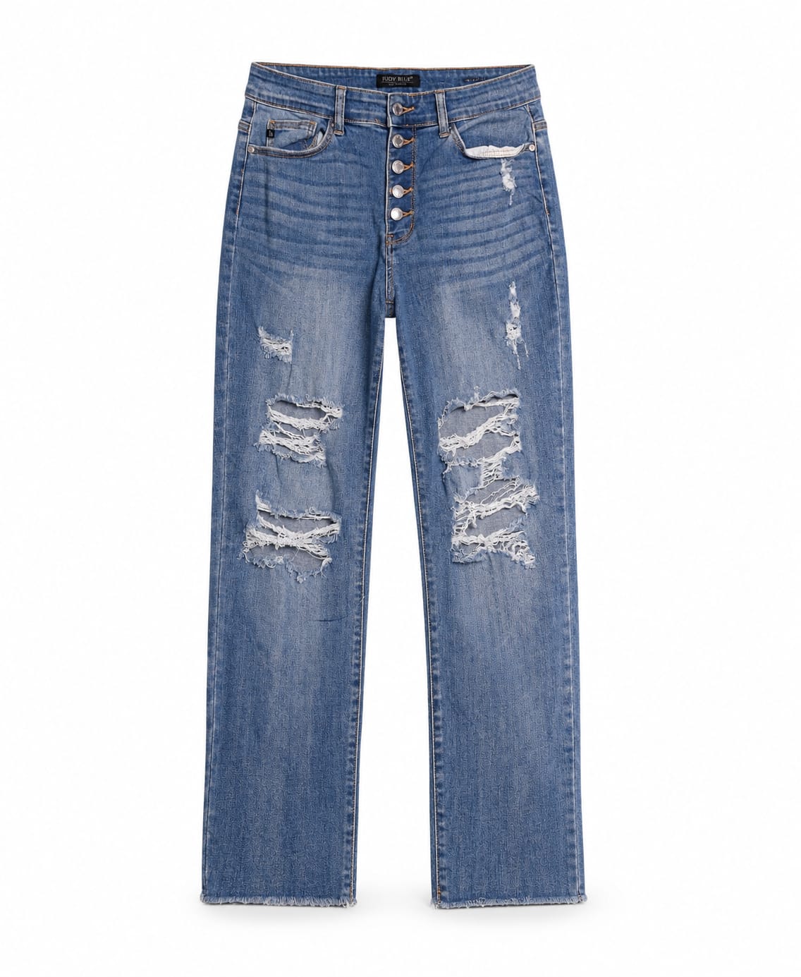 Medium Wash High-Rise Heavily Distressed Straight-Leg Jeans
