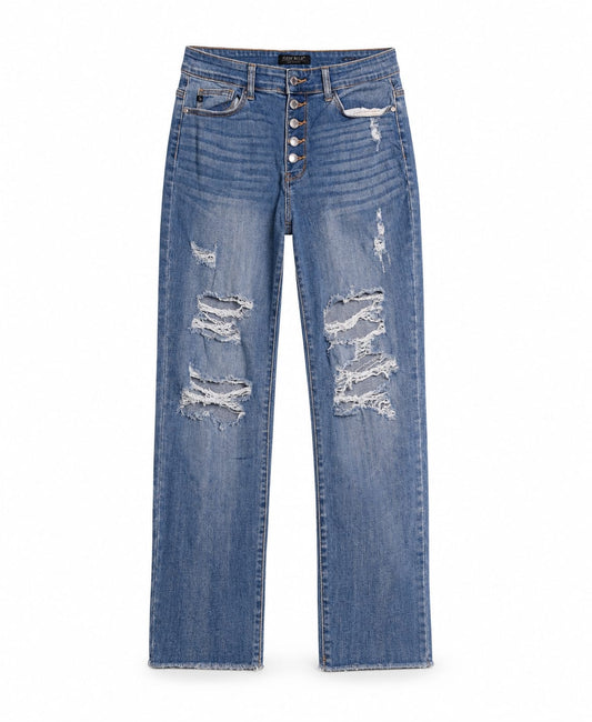 Medium Wash High-Rise Heavily Distressed Straight-Leg Jeans