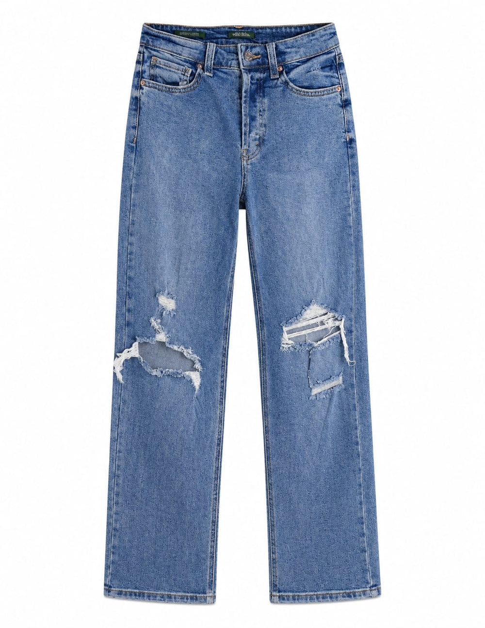 Medium Blue Wash High-Rise Wide-Leg Distressed Jeans