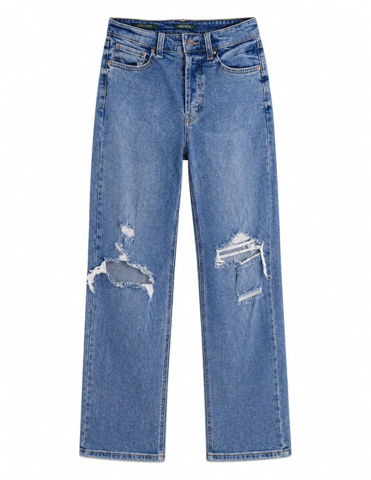 Medium Blue Wash High-Rise Wide-Leg Distressed Jeans
