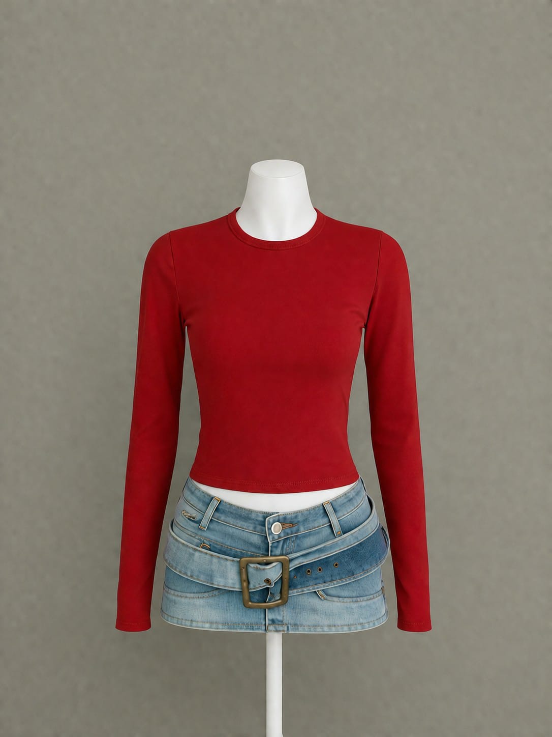 Red Ribbed Crew Neck Long Sleeve Crop Top - Product Photo