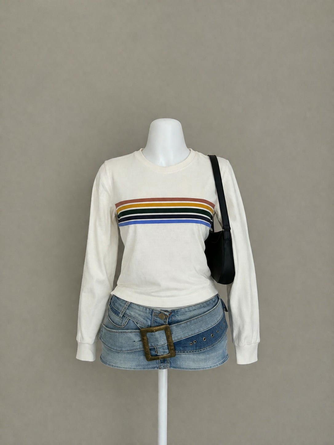White Multicolor Stripe Crew Neck Long Sleeve Top - Product Photo