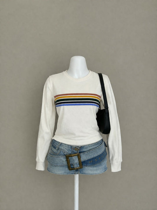 White Multicolor Stripe Crew Neck Long Sleeve Top - Product Photo