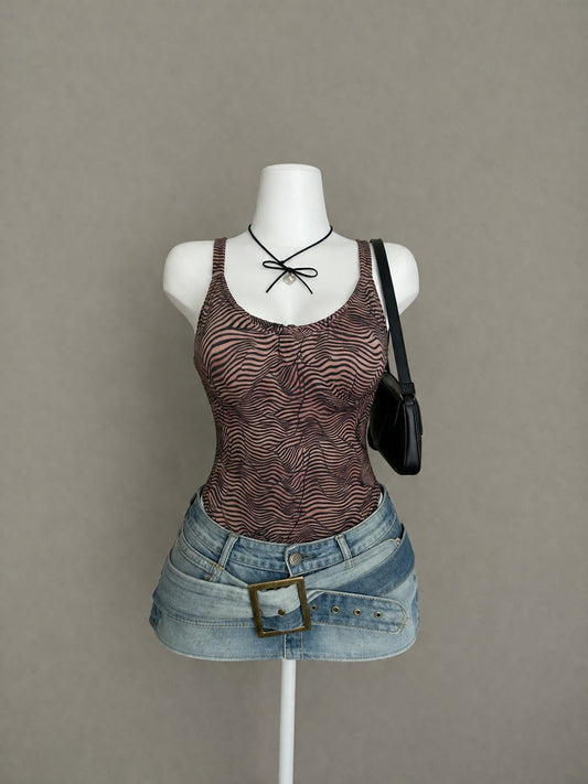 Brown Zebra Wave Print Ruched Sleeveless Cami Top - Product Photo