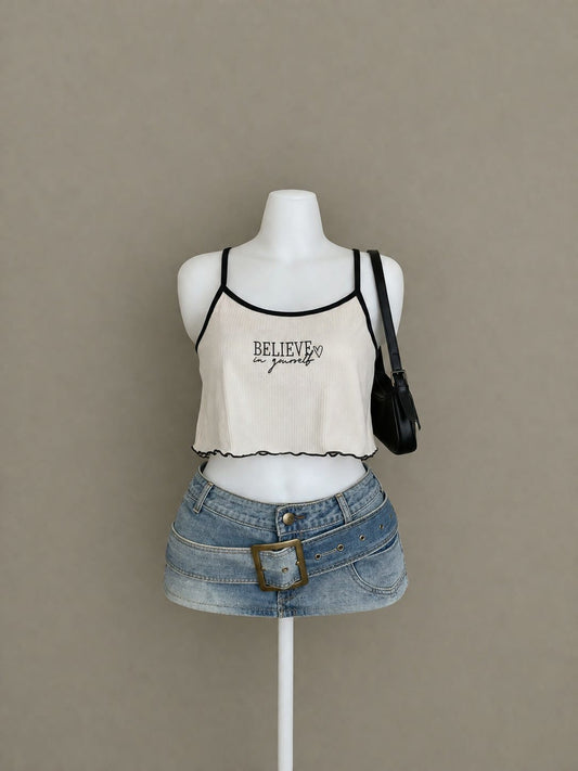 Cream Ribbed Graphic Cami Crop Top – Believe in Yourself - Product Photo