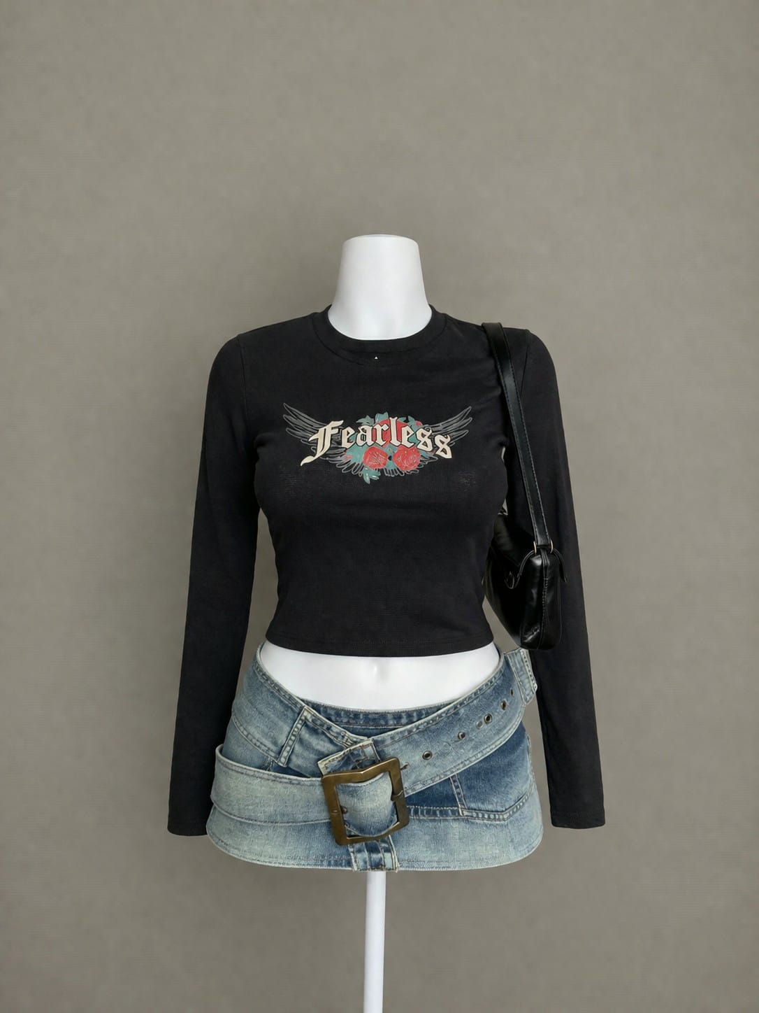 Black Fearless Graphic Long Sleeve Fitted Crop Top - Product Photo
