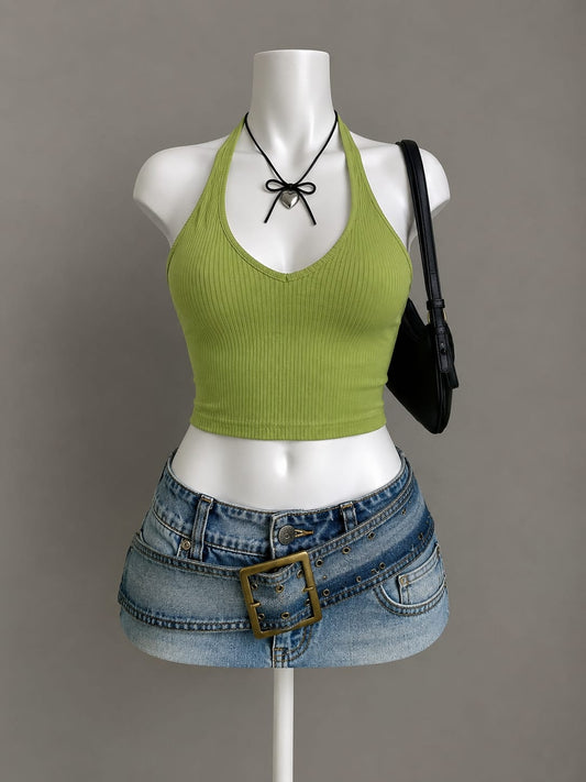 Olive Green Ribbed Halter Neck Crop Top - Product Photo