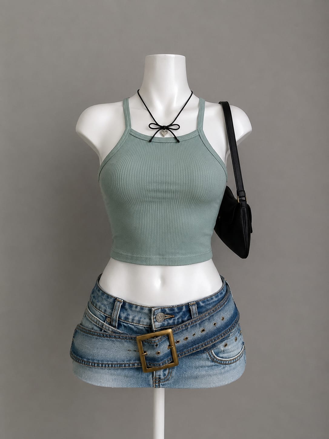 Sage Green Ribbed Double Strap Crop Top - Product Photo