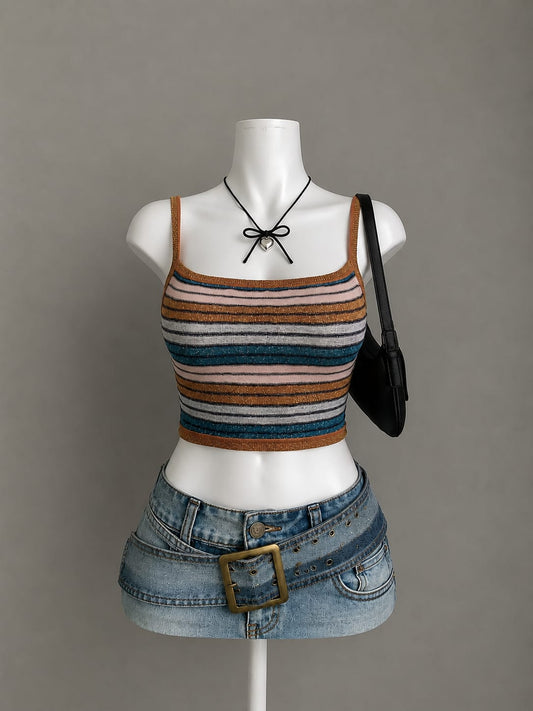 Multicolor Metallic Shimmer Stripe Knit Crop Top - Product Photo