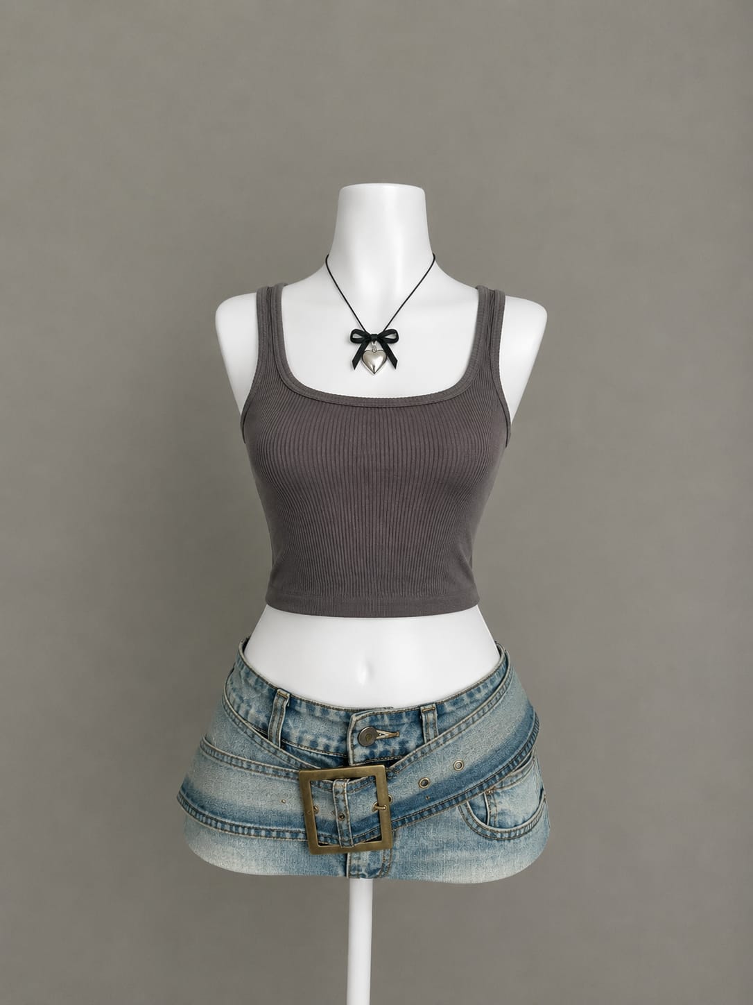 Charcoal Grey Ribbed Square Neck Crop Tank Top - Product Photo