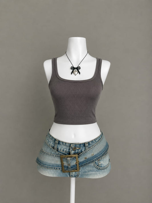 Charcoal Grey Ribbed Square Neck Crop Tank Top - Product Photo