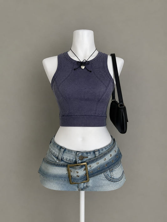 Steel Blue Seamless Ribbed Crop Tank Top - Product Photo