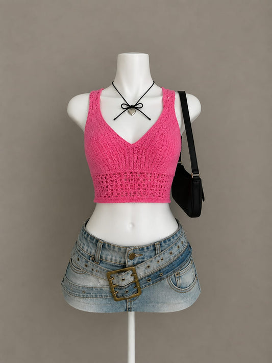 Hot Pink Crochet V-Neck Crop Top - Product Photo
