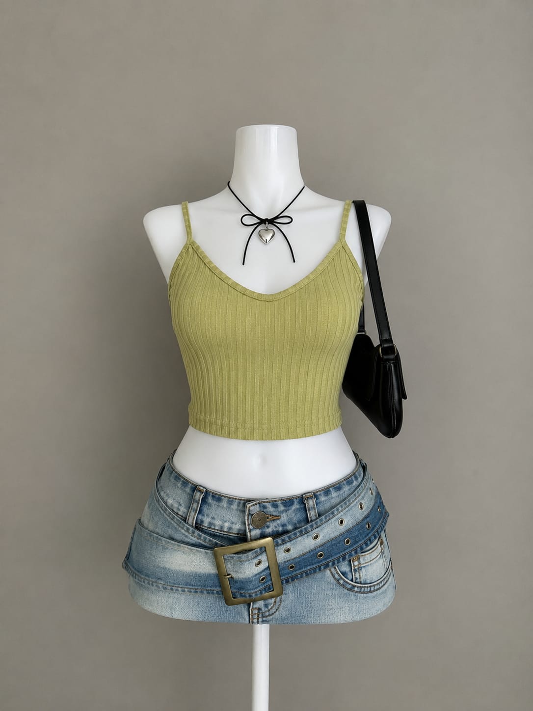 Olive Green Ribbed V-Neck Spaghetti Strap Crop Top - Product Photo