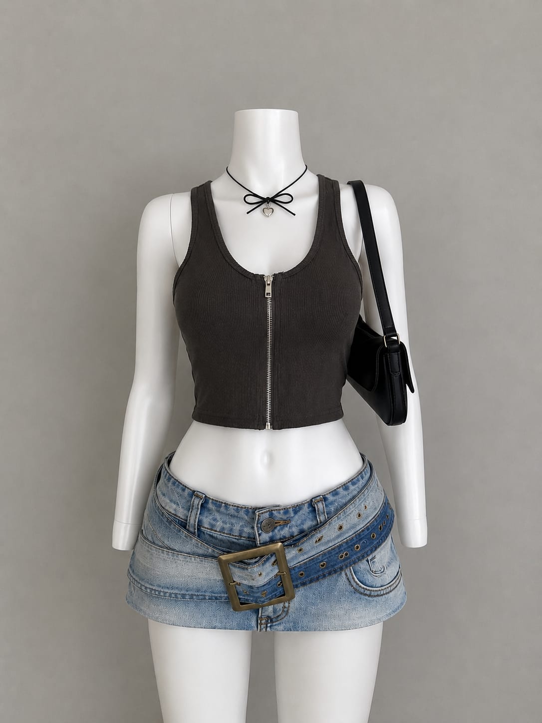 Charcoal Ribbed Zip-Front Crop Tank Top - Product Photo