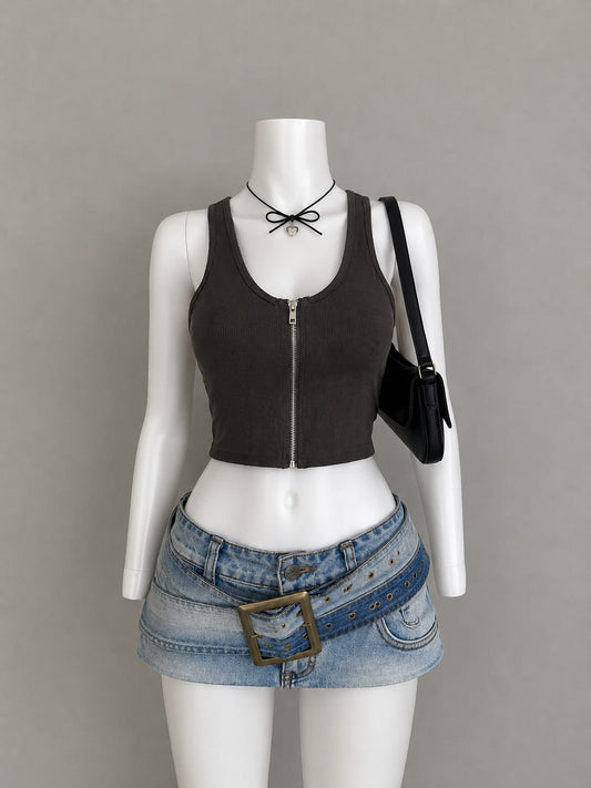 Charcoal Ribbed Zip-Front Crop Tank Top - Product Photo