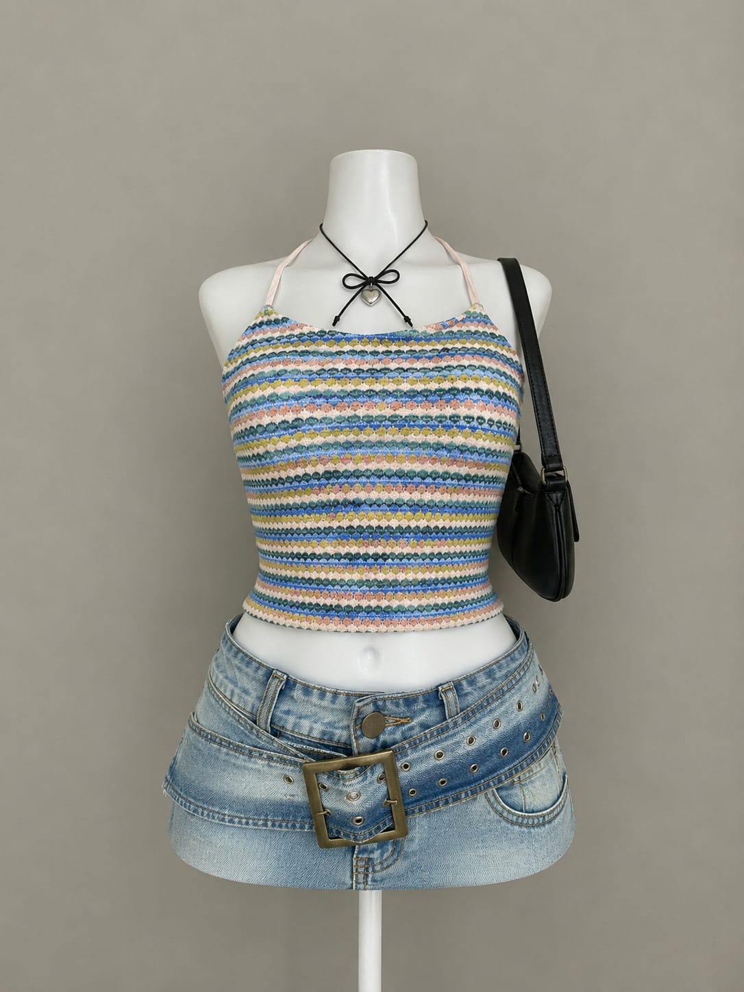 Multicolor Pastel Stripe Crochet Halter Neck Crop Top - Product Photo