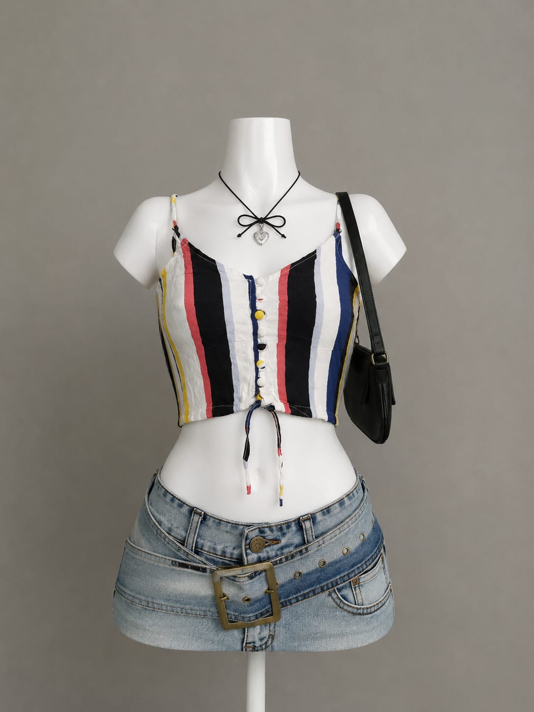 White Multicolor Stripe Button-Front Tie Hem Crop Cami Top - Product Photo