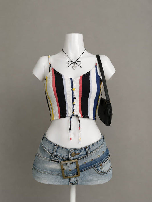 White Multicolor Stripe Button-Front Tie Hem Crop Cami Top - Product Photo