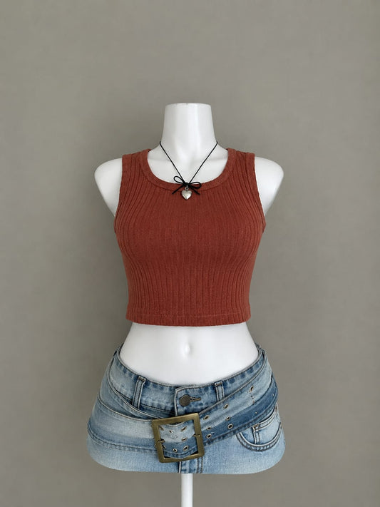 Rust Ribbed Scoop Neck Sleeveless Crop Tank Top - Product Photo