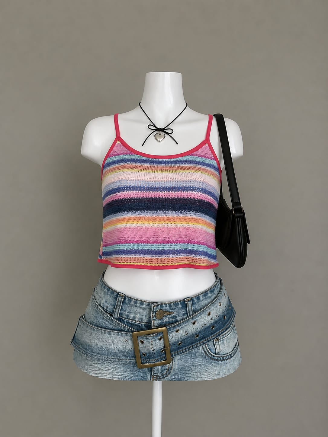 Rainbow Stripe Knit Crop Cami Top with Pink Trim - Product Photo