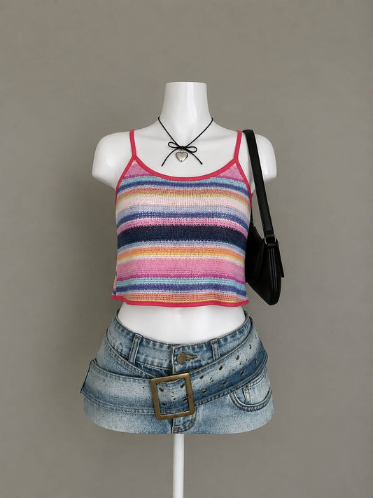 Rainbow Stripe Knit Crop Cami Top with Pink Trim - Product Photo