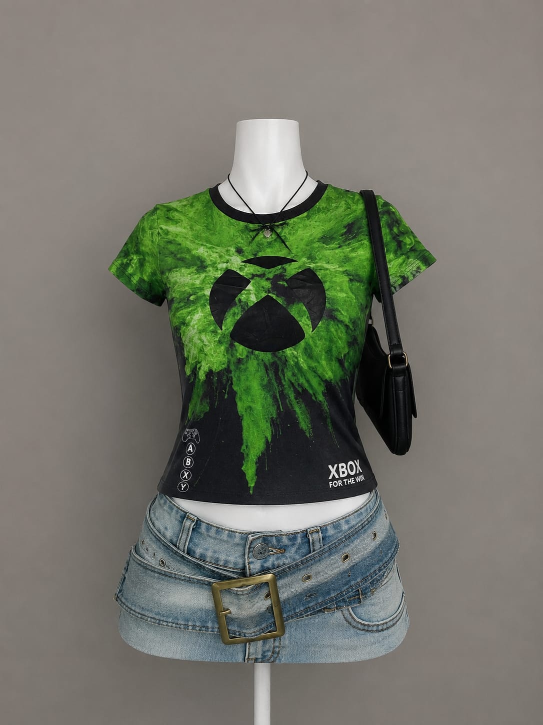 Black Neon Green Xbox Graphic Fitted Crop Tee - Product Photo