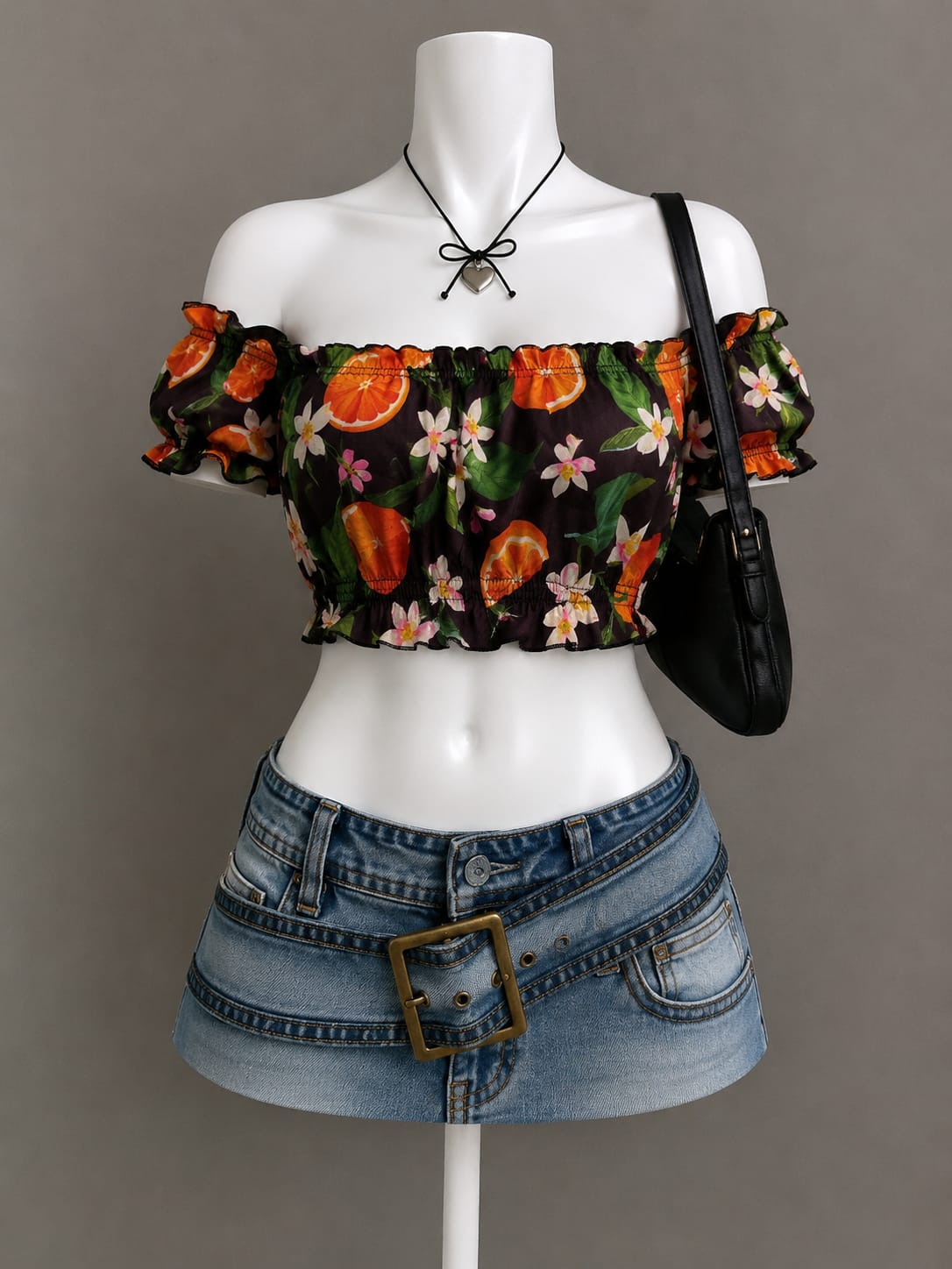 Orange Floral Print Off-Shoulder Crop Top
