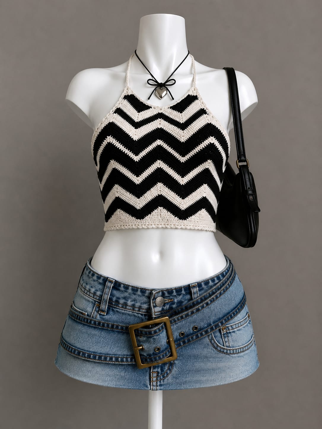 Black & Cream Chevron Crochet Halter Crop Top