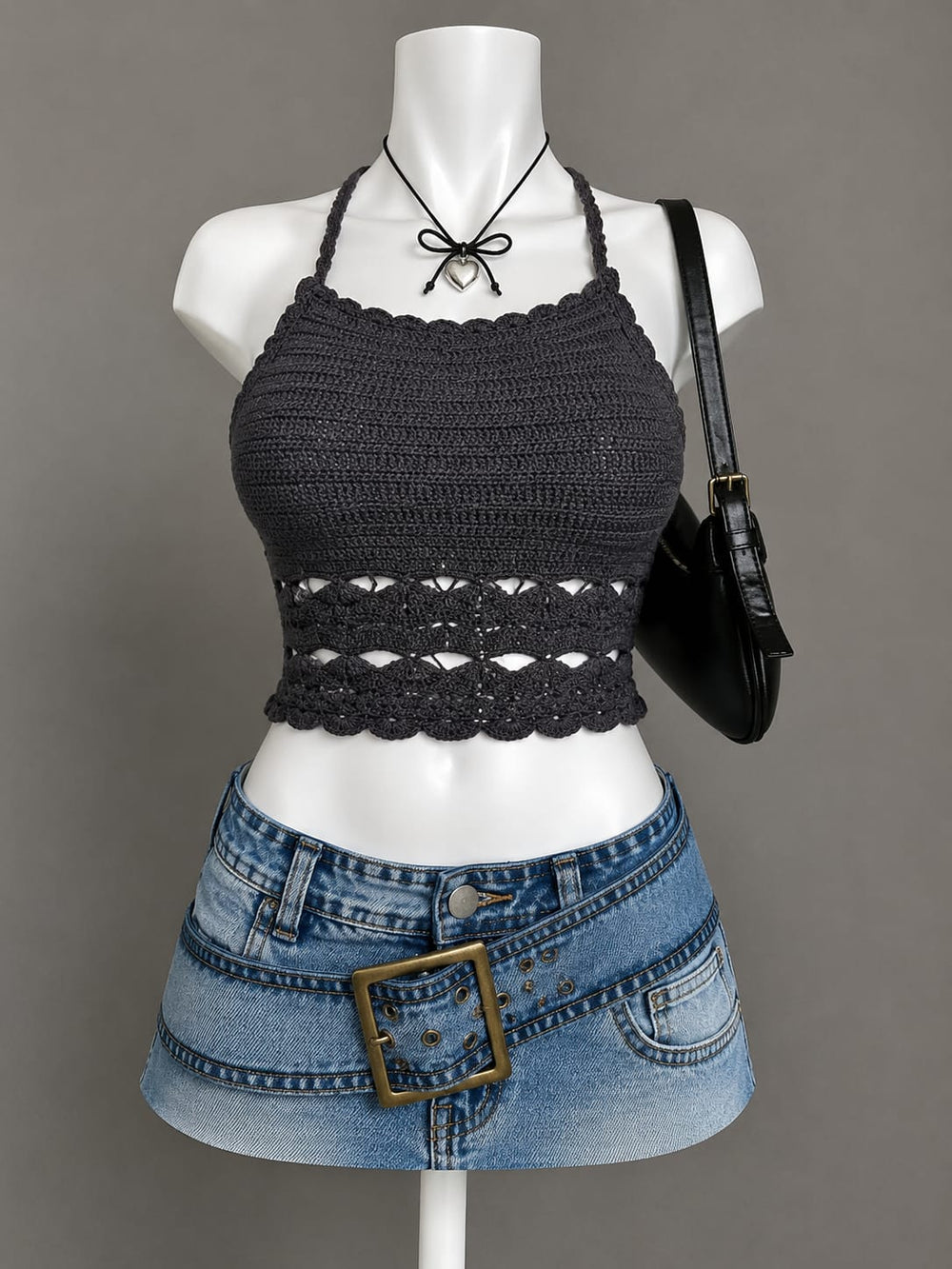 Charcoal Scalloped Crochet Halter Crop Top