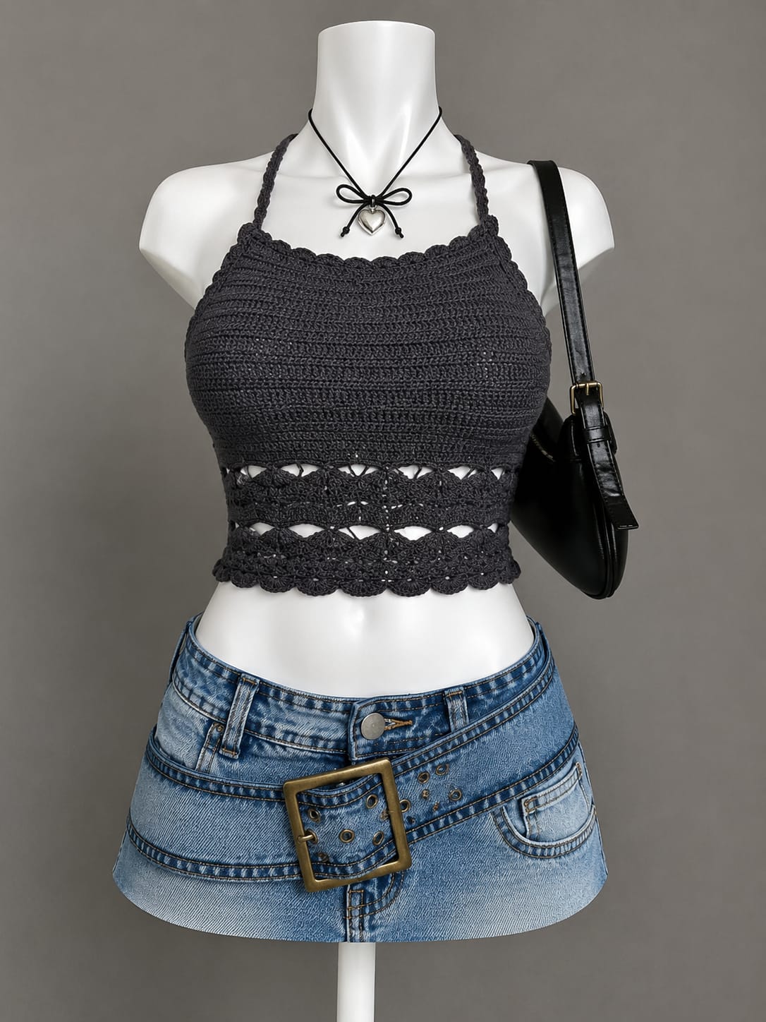 Charcoal Scalloped Crochet Halter Crop Top