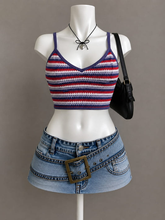 Red White Blue Striped Crochet Crop Top