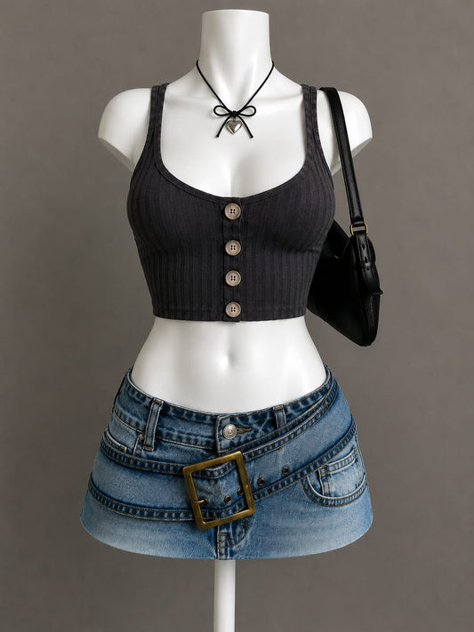 Charcoal Ribbed Button-Front Crop Top