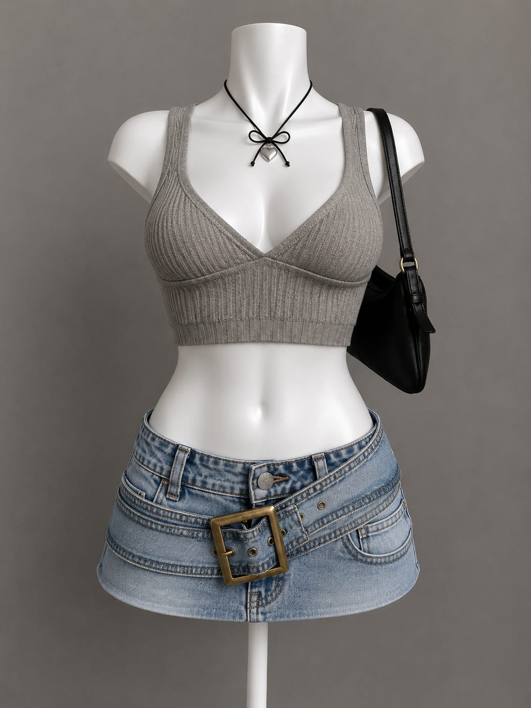Grey Shimmer Ribbed V-Neck Crop Top