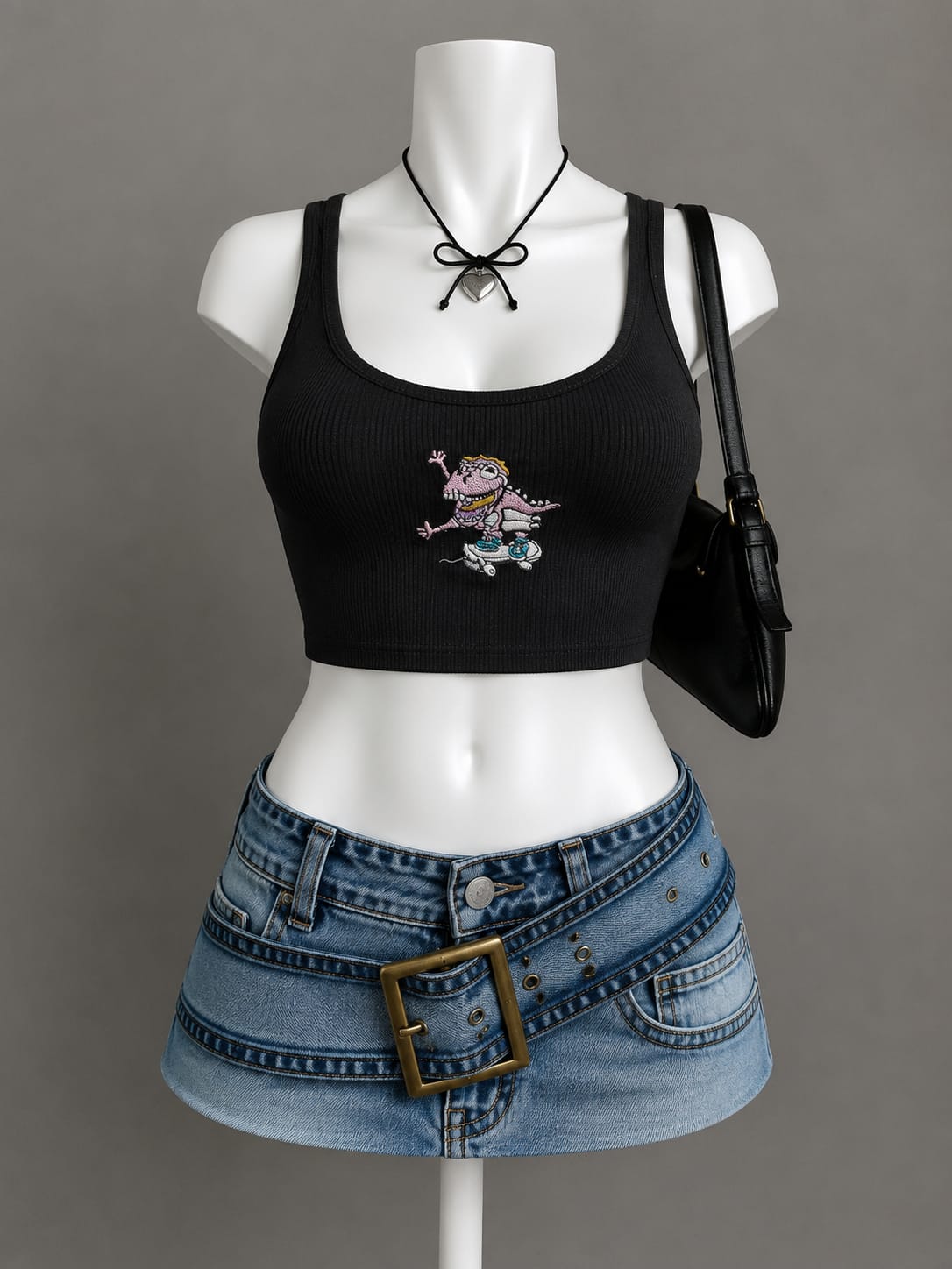 Black Ribbed Cartoon Embroidery Crop Top